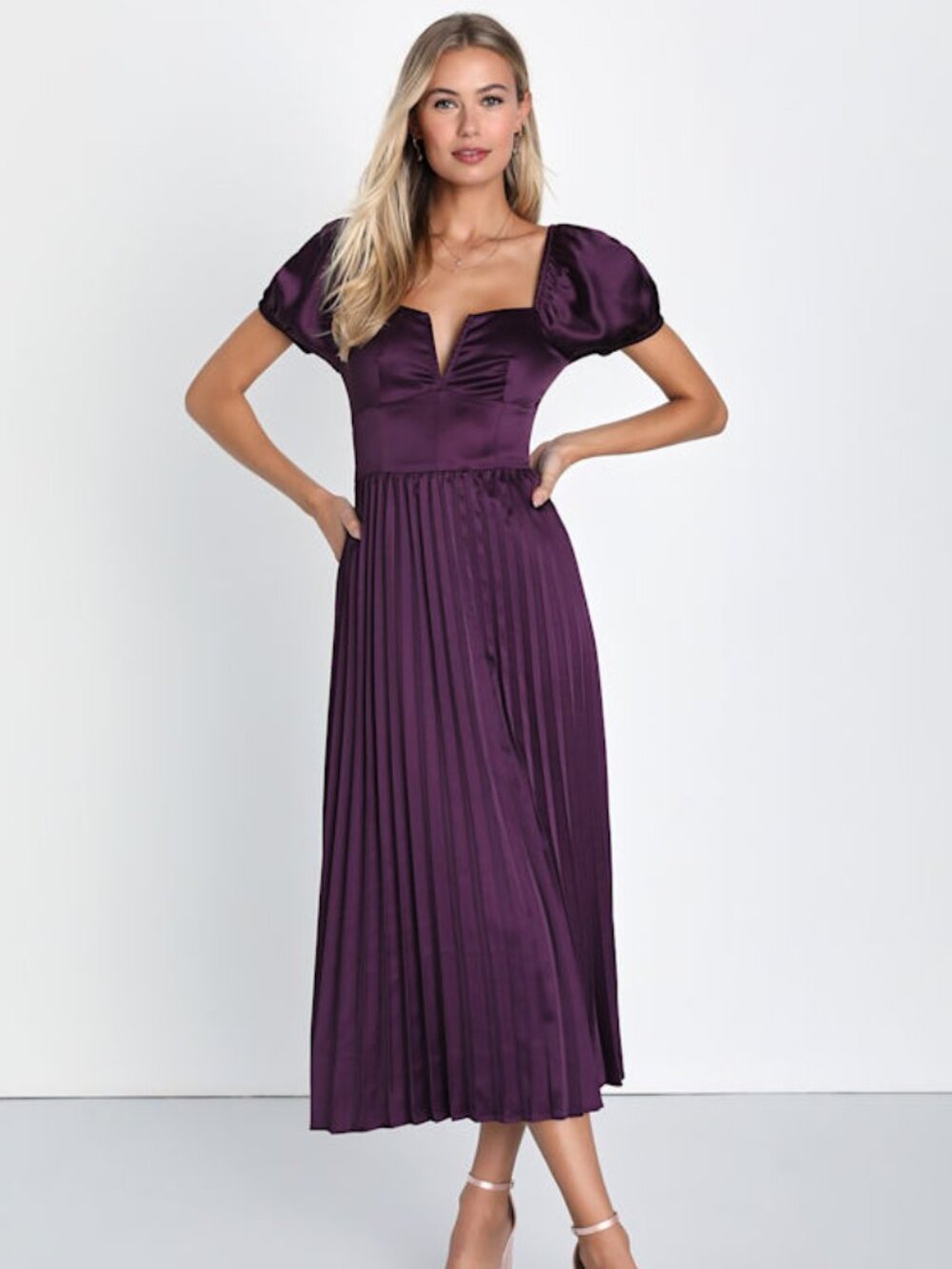 Lulus Flawless Forever Dark Purple Satin Pleated Midi Dress - Size M - NWT